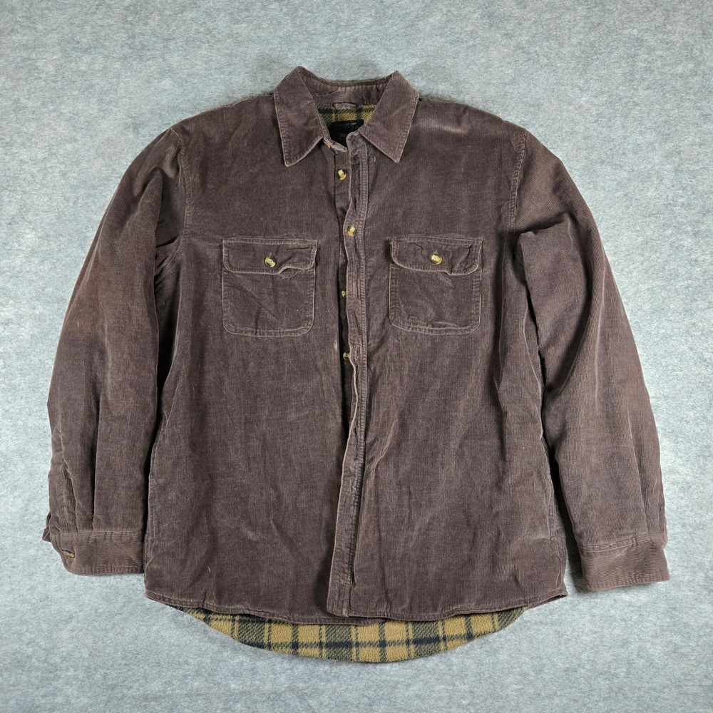 Covington Mens Brown Plaid Lined Corduroy Workwear Button Down Shirt Medium